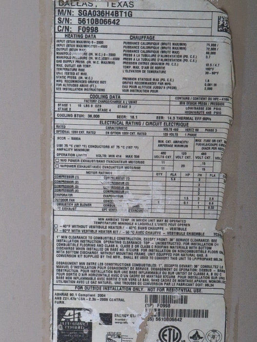Lennox Rooftop HVAC Unit (1)  - Load #266040